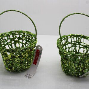 Lot of 2 Celebrate It Small Decorative Green Sparkle Wire Baskets Christmas Noel